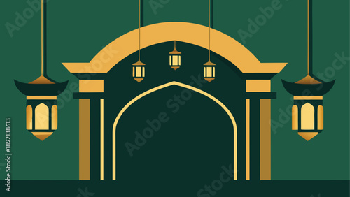 Elegant mosque entrance with hanging lanterns