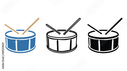 Three different colored drum illustrations with drumsticks on white background
