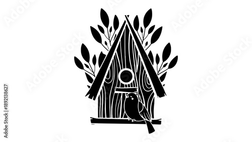 A black and white illustration of a bird sitting on a birdhouse