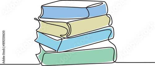  Minimalist continuous line drawing of a stack of books. 