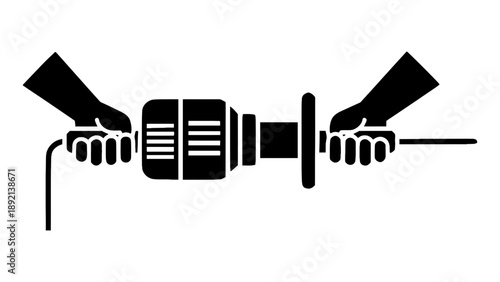 A black and white illustration of hands holding a drill.