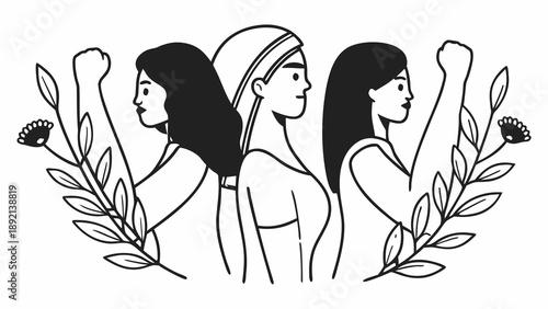 Illustration of three women standing together in solidarity surrounded by leaves and flowers