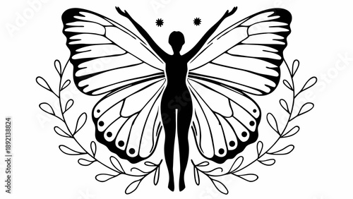 A person with outstretched arms surrounded by a butterfly and foliage, illustrated in a simple black line art style.
