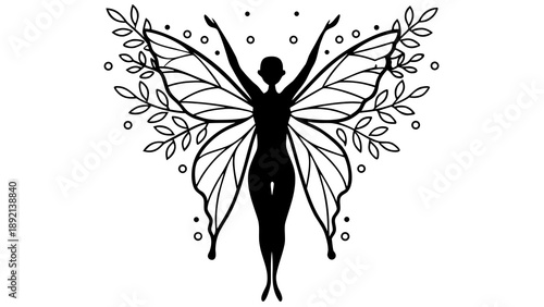 A woman with butterfly wings standing in a celebratory pose surrounded by leaves and flowers