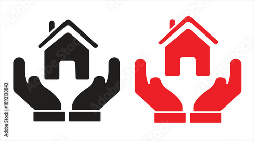 Property and home insurance icon, house and hand symbol, isolated on white background, vector illustration. 