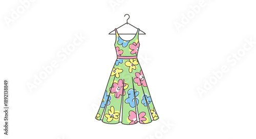 Charming green floral dress on hanger ready for summer fashion display elegant garment silhouette with colorful petals and waistband standing out