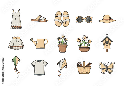 Collection of Summer Season Objects and Apparel for Outdoor Activities and Gardening Fun