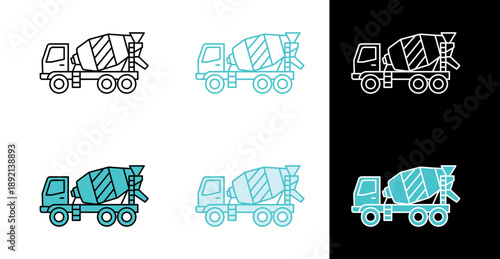 Concrete mixer truck side view icon for construction and building projects in line and fill style