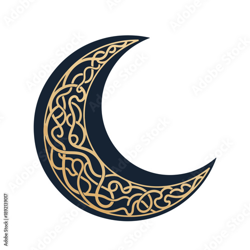 Ramadan abstract vector illustration of a golden crescent moon with intricate patterns on a dark blue background.