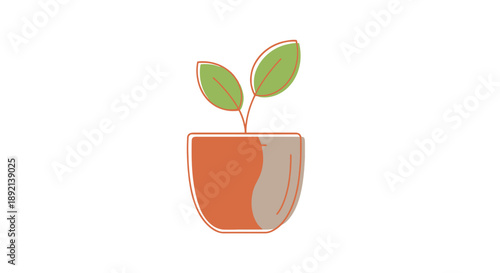 Simple Stylized Plant Growing from Organic Shaped Pot Against Plain White Background for Concepts of Growth and New Beginnings