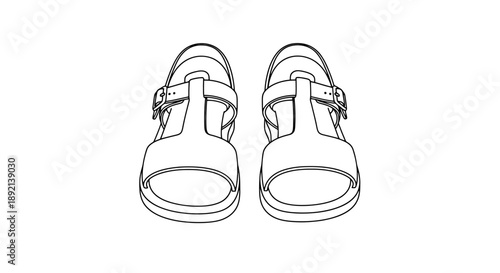 Front View Line Drawing of Paired Childrens Sandals with Straps and Buckles on White Background Isolated Clean Minimalist Footwear Design Outline