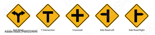 yellow traffic road intersection warning sign set fork t crossroad side road collection