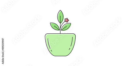 Simple green potted plant with detailed leaves and a small pink flower on white background