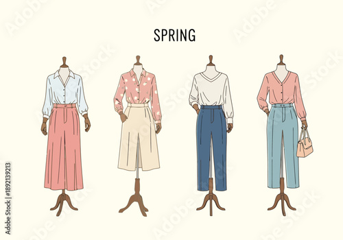 Spring Fashion Collection Displayed On Mannequins Showing Casual Outfits For Women In Light Neutral Background Apparel Style