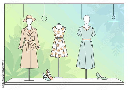 Feminine Apparel Displayed On Mannequins In Retail Store Window Featuring Spring Summer Fashion Items And Stylish Footwear
