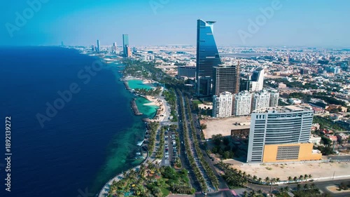 Jeddah, Saudi Arabia Aerial view of coastal city and famous resort town, blue waters of Red Sea - landscape panorama of Arabian Peninsula from above