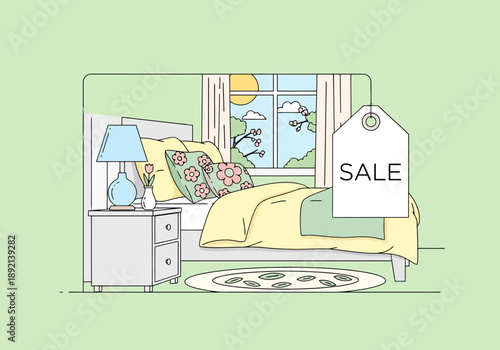 Bedroom furniture sale advertisement with a cozy bed and a tag announcing savings on home decor