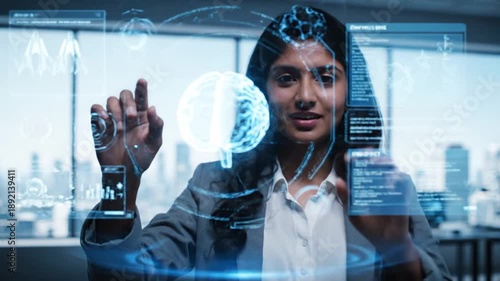 Wallpaper Mural Woman Using Virtual Interface in Office. Torontodigital.ca