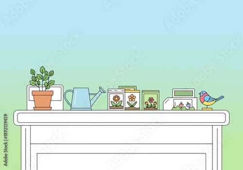 Gardening supplies including potted plant watering can seed packets and small bird on shelf with pastel background