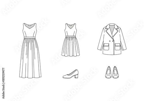Fashionable Outfit Ensemble Featuring Elegant Dresses Matching Footwear and Outerwear in Clean Line Art Style Collection