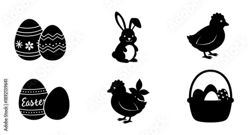 Assorted Easter-themed silhouettes including eggs, bunny, birds, and basket on a clean background from a direct viewpoint