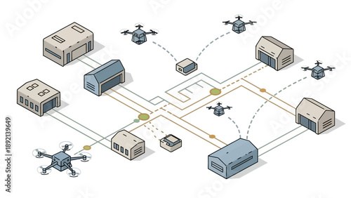 Isometric illustration showing smart logistics, warehouse distribution, and connected infrastructure with delivery paths and transport nodes. This artwork represents supply chain management, smart log