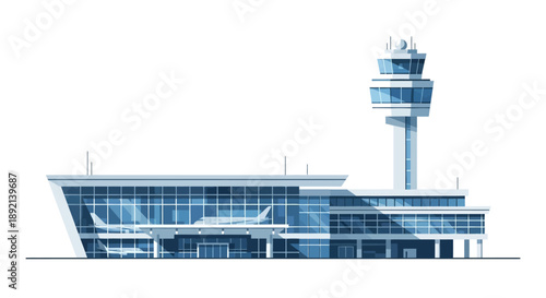 Flat vector illustration of a modern airport terminal with control tower and glass facade. This image represents air travel, transportation infrastructure, logistics, and global connectivity. Ideal fo