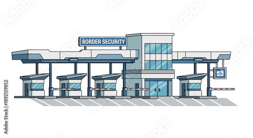 Vector illustration of a modern border security or checkpoint building with signage and infrastructure. This clean architectural design represents government services, immigration control, security sy