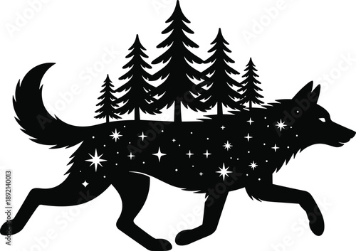 Dynamic black silhouette of a running wolf showcasing a starry night sky and evergreen trees within its body