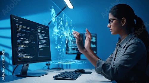 Wallpaper Mural Woman Working on Computer with Virtual Interface. Torontodigital.ca