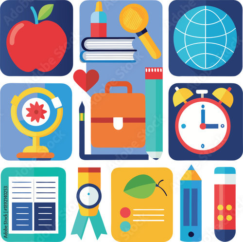 Colorful educational icons representing learning and time management