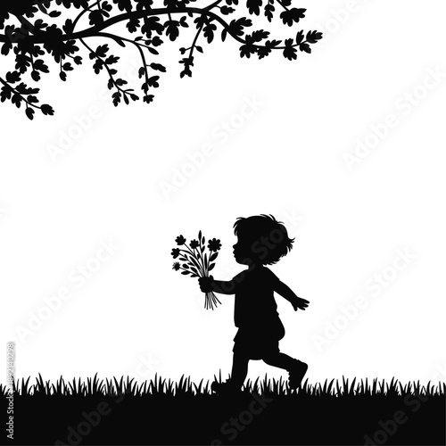 Silhouette of a child walking with a bouquet of flowers on grass under tree branches, evoking innocence and nature's beauty