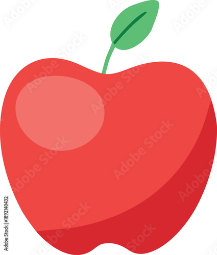 Vibrant red apple with a single green leaf