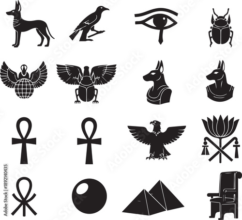 Ancient Egyptian symbols and egyptian ankh eye of horus scarab beetle pyramids