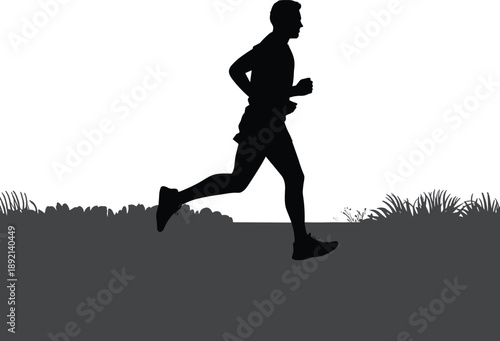 Silhouette of a male runner in mid-stride against a minimalist background of grass and a grey ground plane