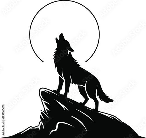 Silhouette of a wolf howling at the moon atop a rocky cliff under a clear night sky