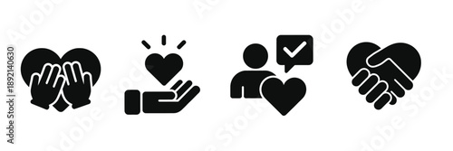A collection of black glyph icons representing positive human interactions and emotions