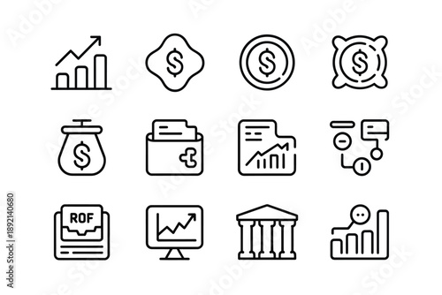 Financial icons depicting growth currency reports and banking concepts