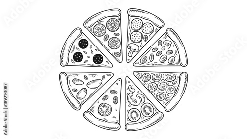 A circular arrangement of hand drawn pizza slices with various toppings