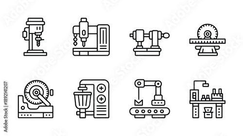 Line art illustrations depicting various industrial machinery and automated equipment