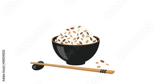 Healthy bowl of steamed white and multigrain rice with a pair of chopsticks resting on a hashioki chopstick rest.