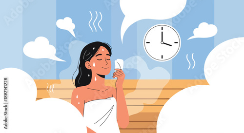 Woman relaxing in a hot and steamy sauna, sweating in a towel to detoxify and improve well-being and health.
