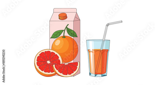 Refreshing grapefruit juice in a carton and a glass with a straw, accompanied by slices of fresh pink grapefruit.