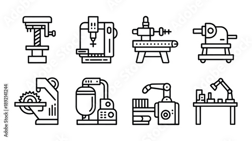 Line art depiction of various industrial machines and laboratory equipment