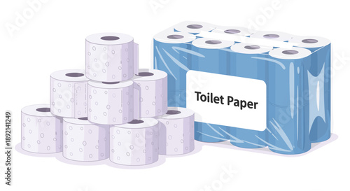 Large multipack of toilet paper rolls next to a stacked pyramid of individual rolls, a household hygiene essential.