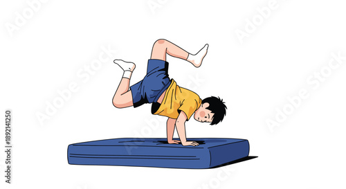Young boy practicing a breakdance freeze on one hand on a blue mat, showing skill in hip hop dance culture.