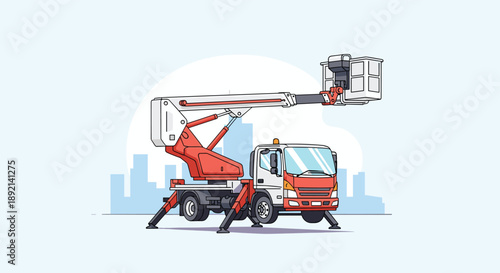 Red and white cherry picker or bucket truck with an extended boom lift, used for construction and maintenance work.