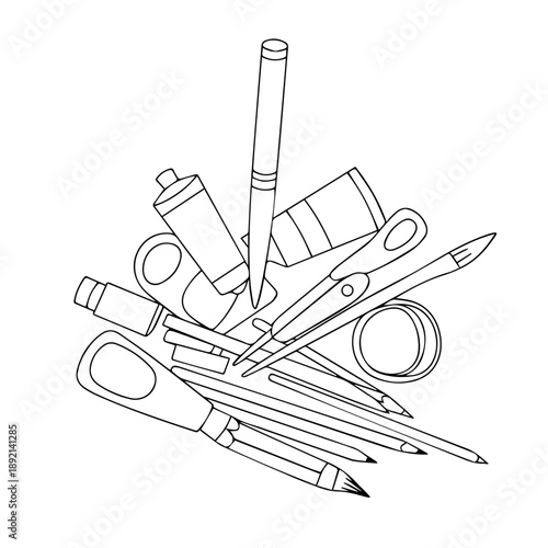 An overhead line art illustration showcasing a dynamic arrangement of various stationery and office supplies, including pens, pencils, scissors, and rulers, ready for creative work.