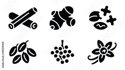 Black silhouette icons depicting various spices and aromatic plant elements