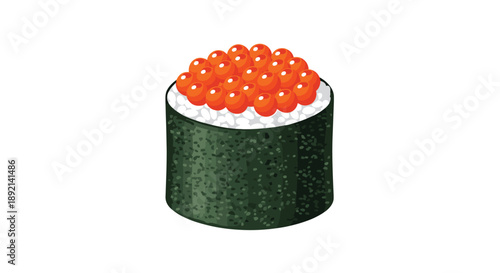 Classic Ikura Gunkan maki, a "battleship" sushi roll wrapped in nori and generously topped with glistening salmon roe.